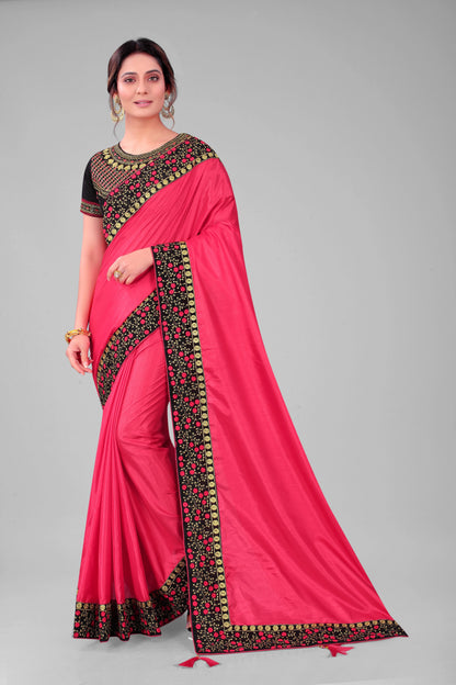 Classic Traditional Addition Embroidered Worked Lace Border with Velvet Fabric Blouse Piece Silk Saree