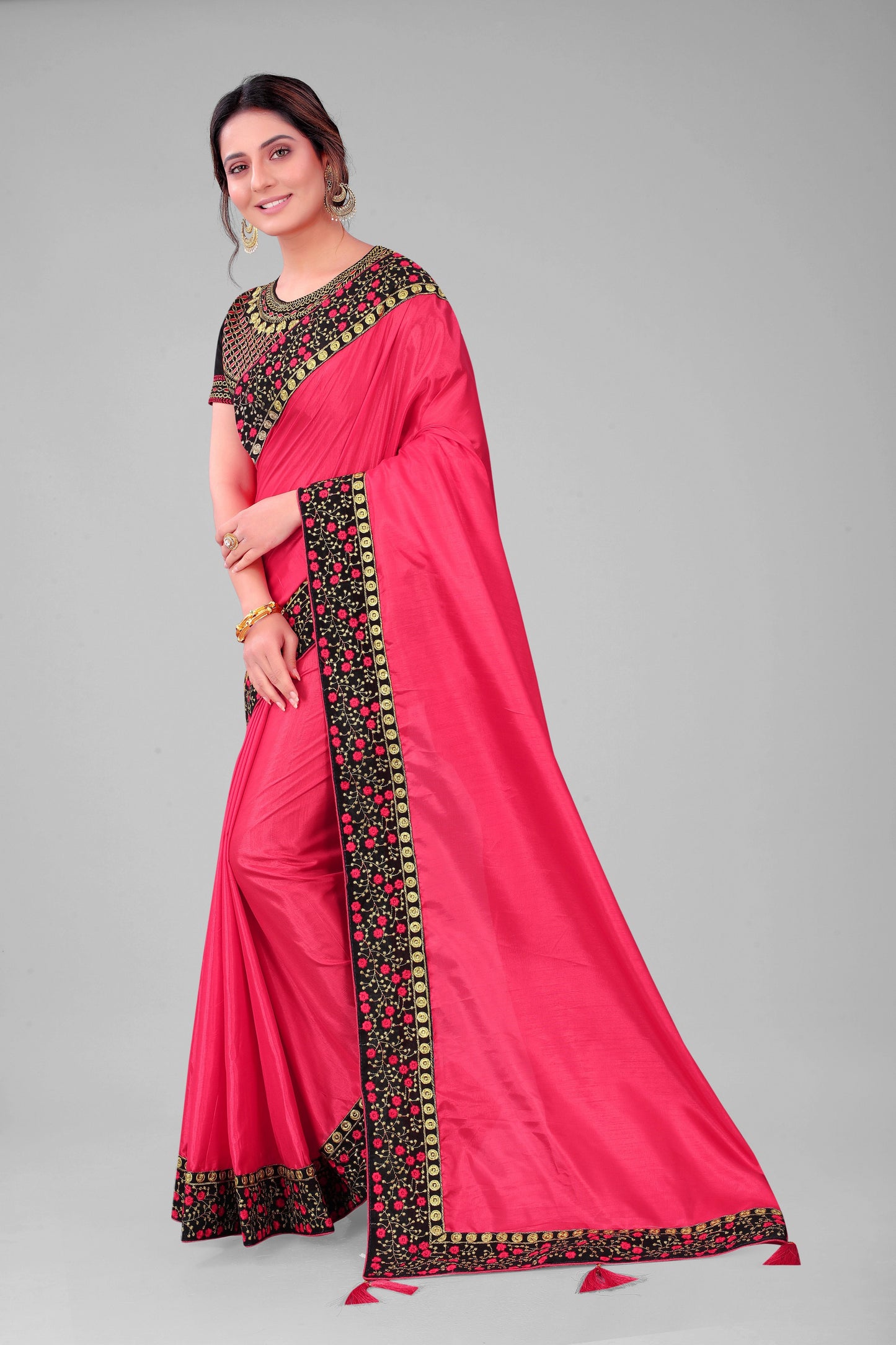 Classic Traditional Addition Embroidered Worked Lace Border with Velvet Fabric Blouse Piece Silk Saree