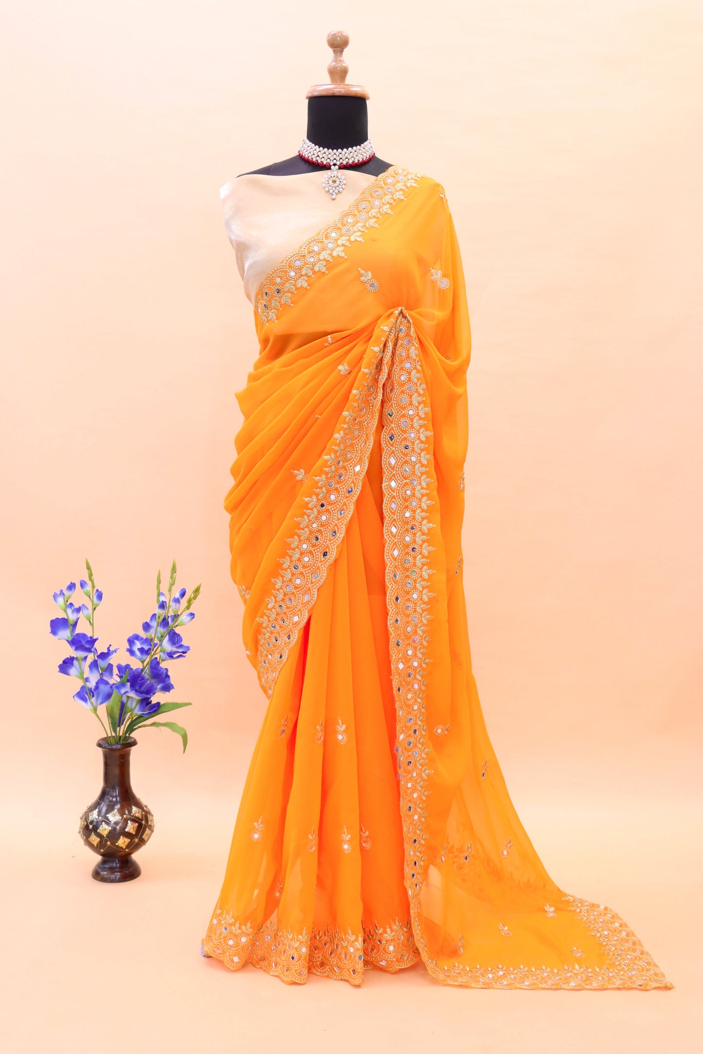 Georgette fabric Saree with Satin Silk fabric Blouse Piece