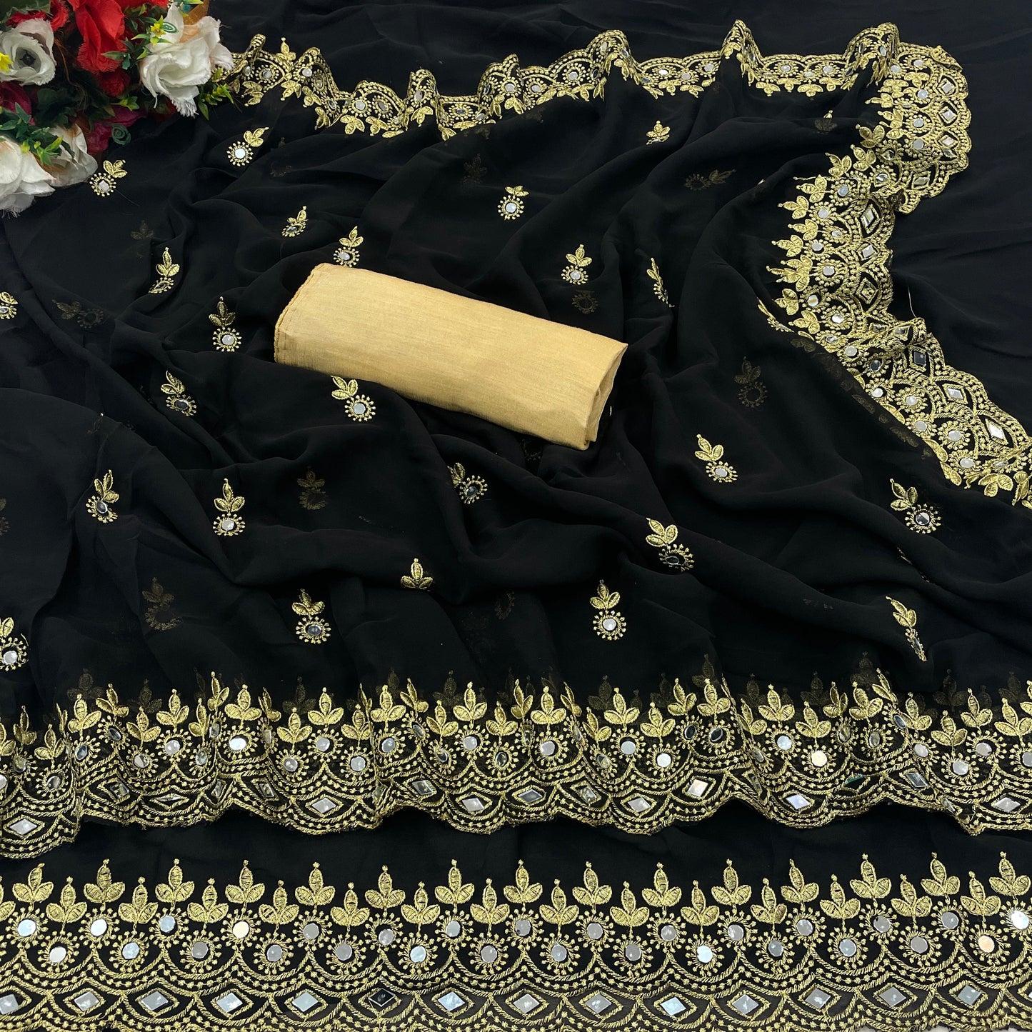 Georgette fabric Saree with Satin Silk fabric Blouse Piece