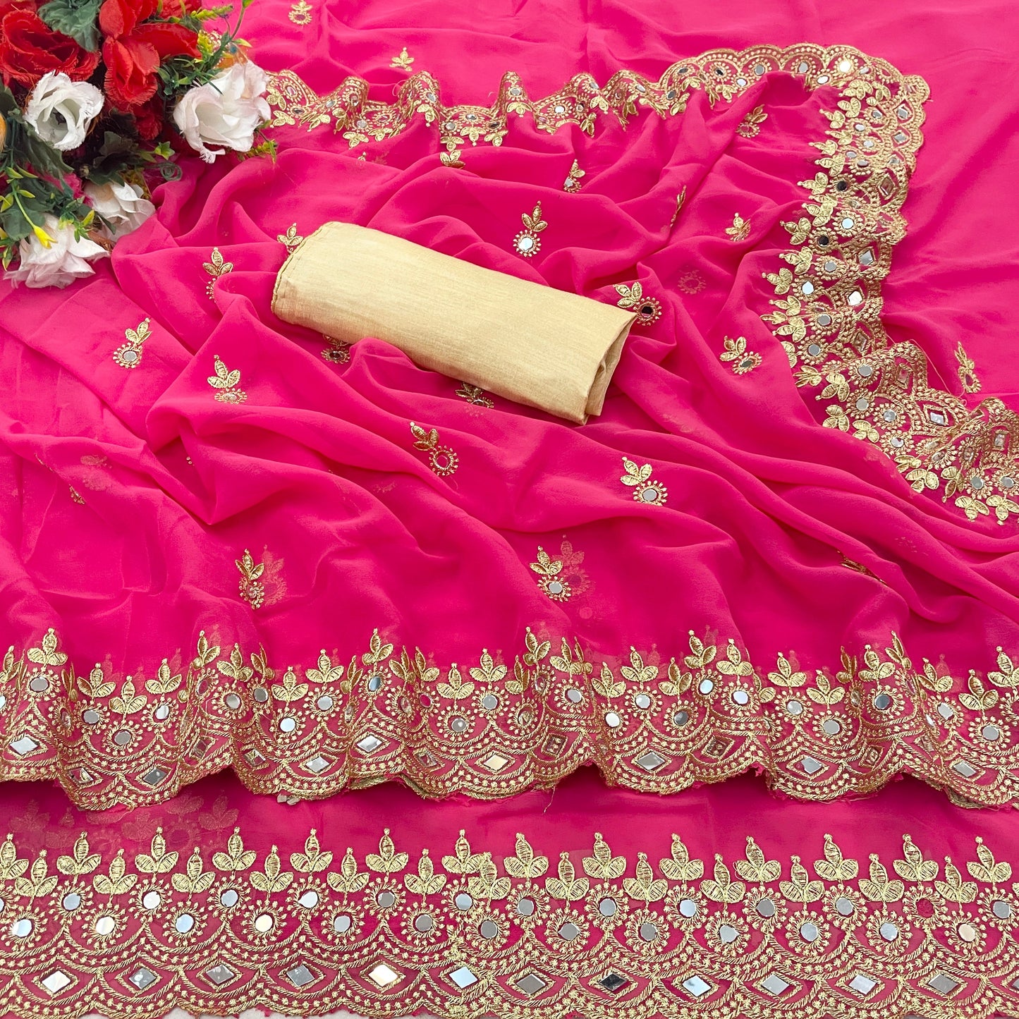 Georgette fabric Saree with Satin Silk fabric Blouse Piece