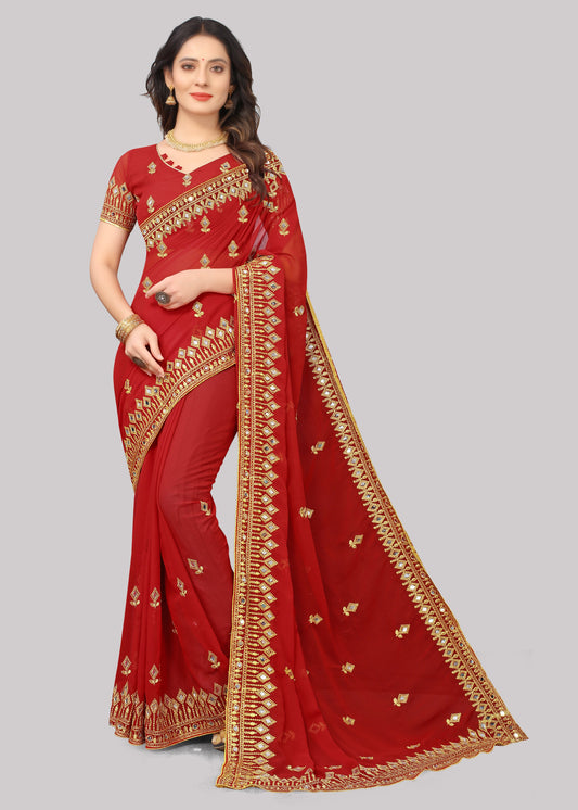 Laheriya Patterned Digital printed Lace Border Georgette Saree with Unstitched Muslin Blouse Piece