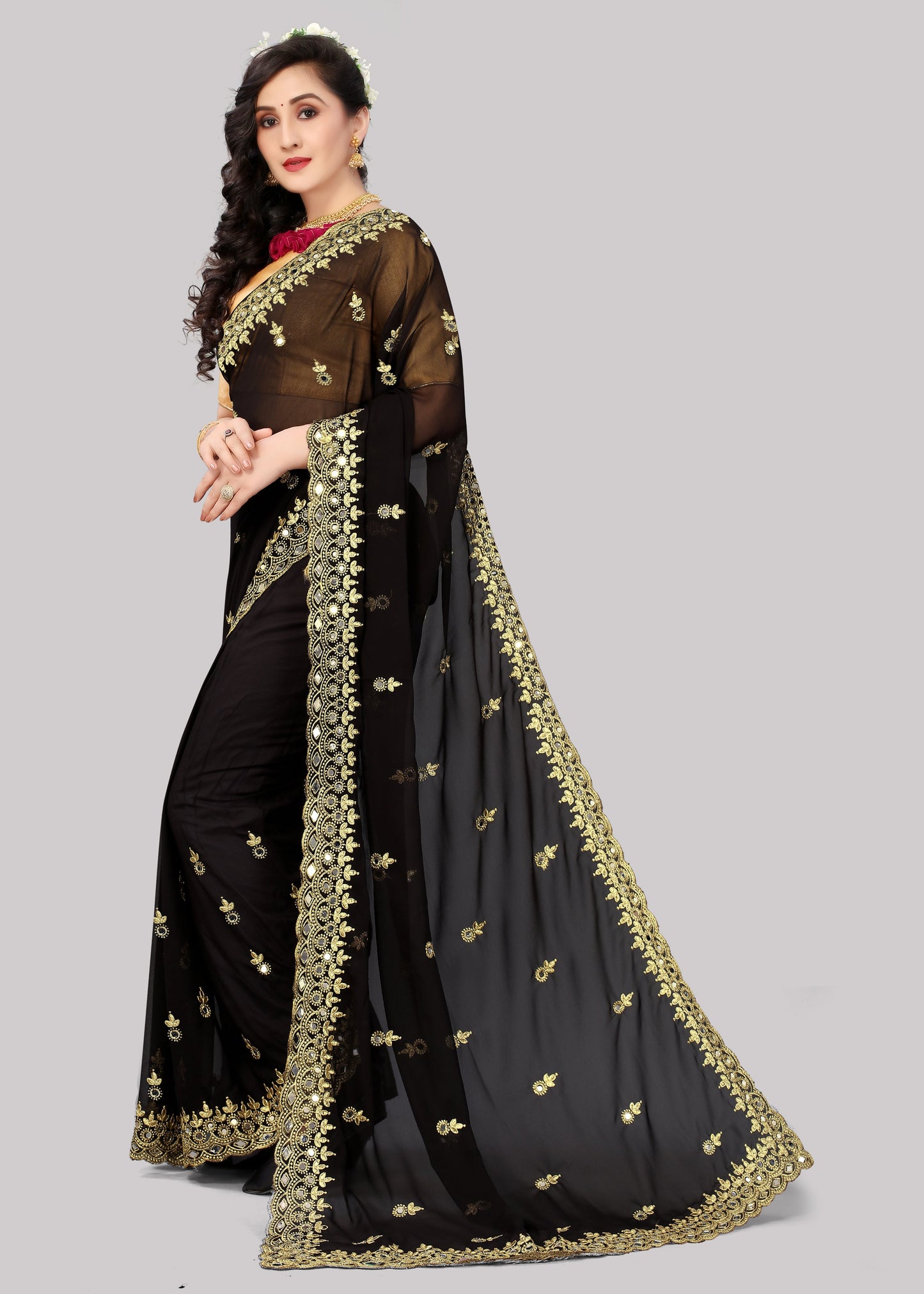 Georgette fabric Saree with Satin Silk fabric Blouse Piece