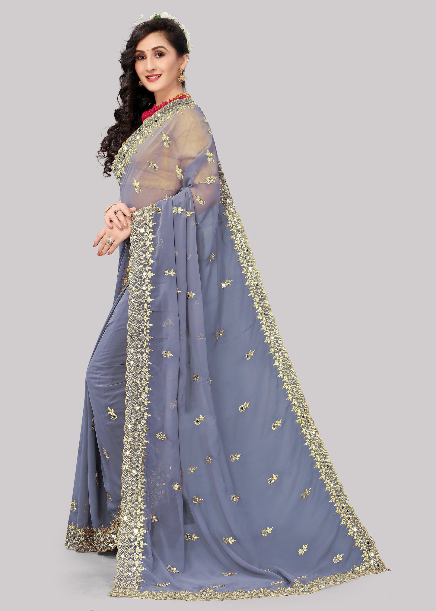 Georgette fabric Saree with Satin Silk fabric Blouse Piece