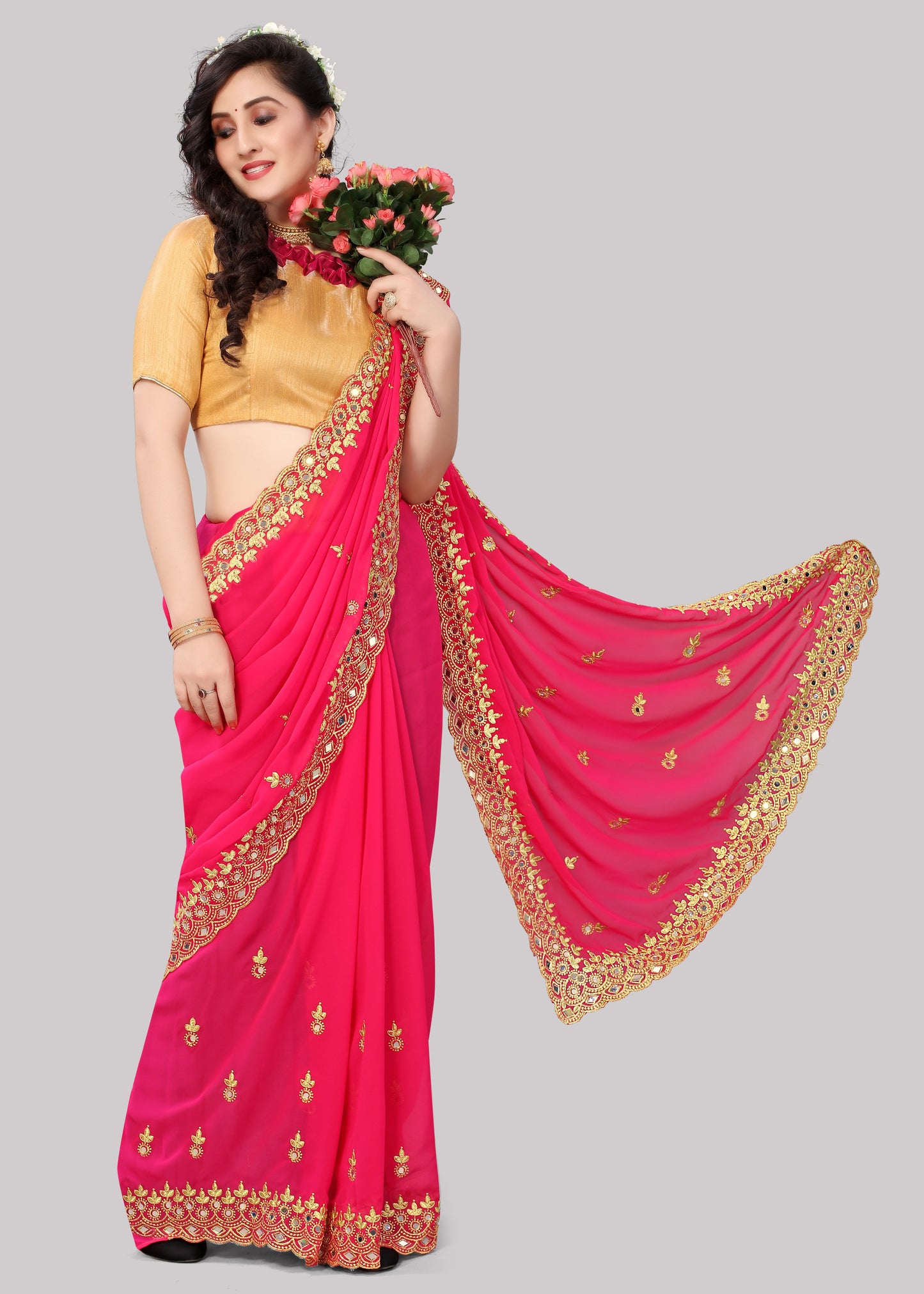 Georgette fabric Saree with Satin Silk fabric Blouse Piece