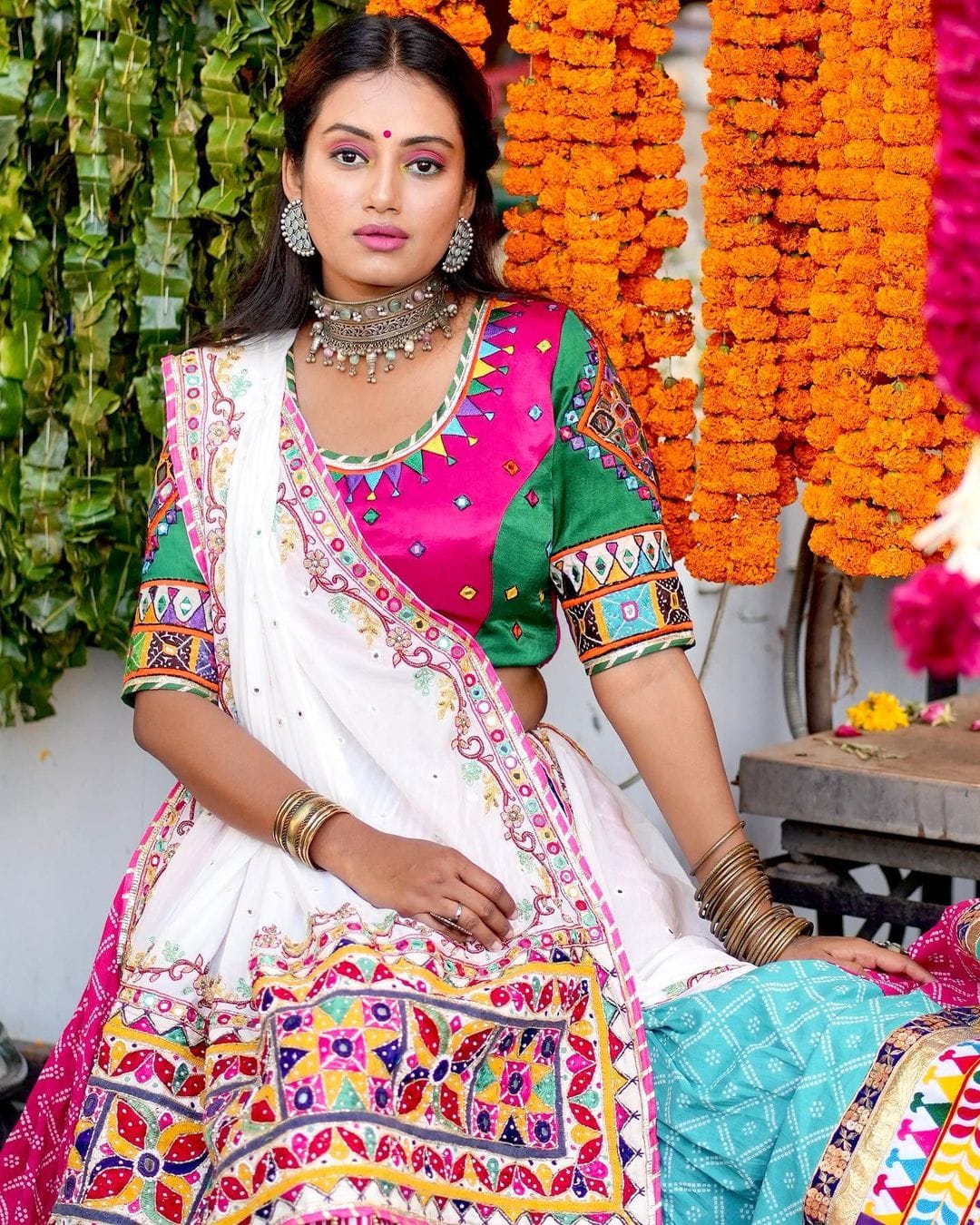 Navratri Splendor: Butter Silk Lehenga with Mirror Work