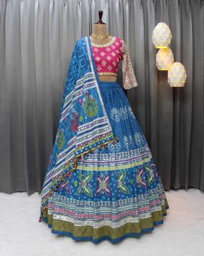 Cloths Collections Navratri Collection: Muslin Cotton Lehenga Choli with Digital Print, Mirror Work, & Jari Gota Accents