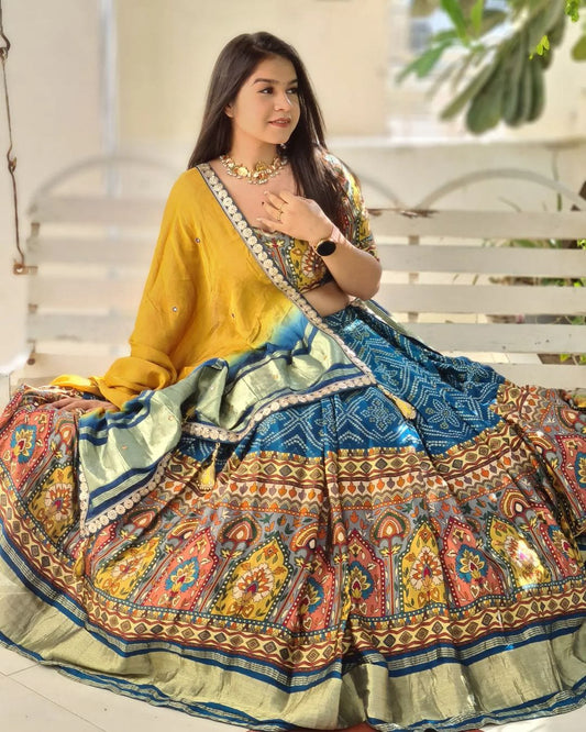 Cloths Collections Trending Heavy Flair Lehenga Choli – Soft Butter Silk with Digital Print & Mirror Work