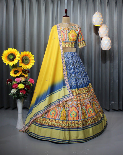 Cloths Collections Trending Heavy Flair Lehenga Choli – Soft Butter Silk with Digital Print & Mirror Work