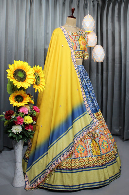 Cloths Collections Trending Heavy Flair Lehenga Choli – Soft Butter Silk with Digital Print & Mirror Work