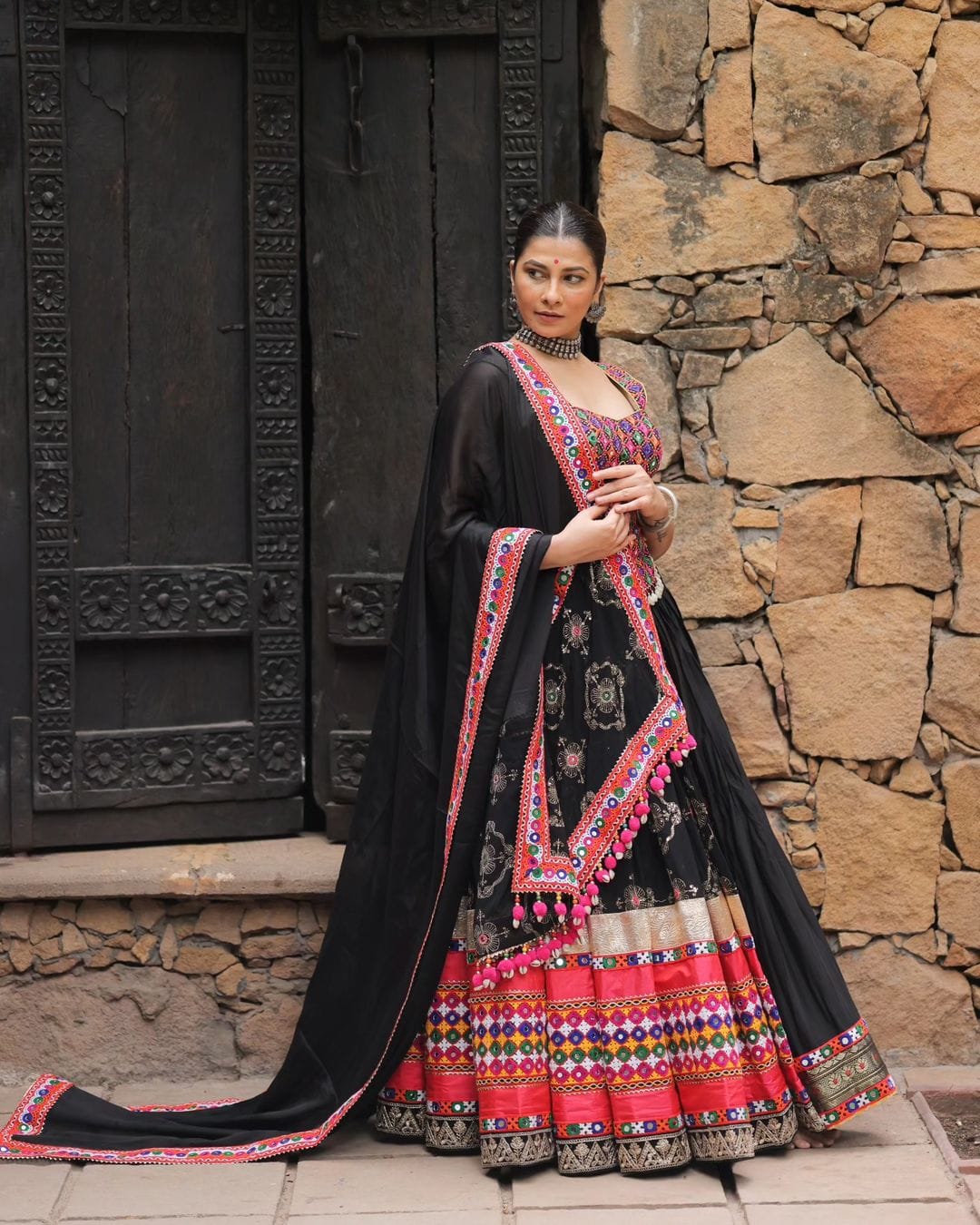 Navratri Collection: Muslin Cotton Lehenga Choli Set with Digital Print, Mirror Work & Jari Gota