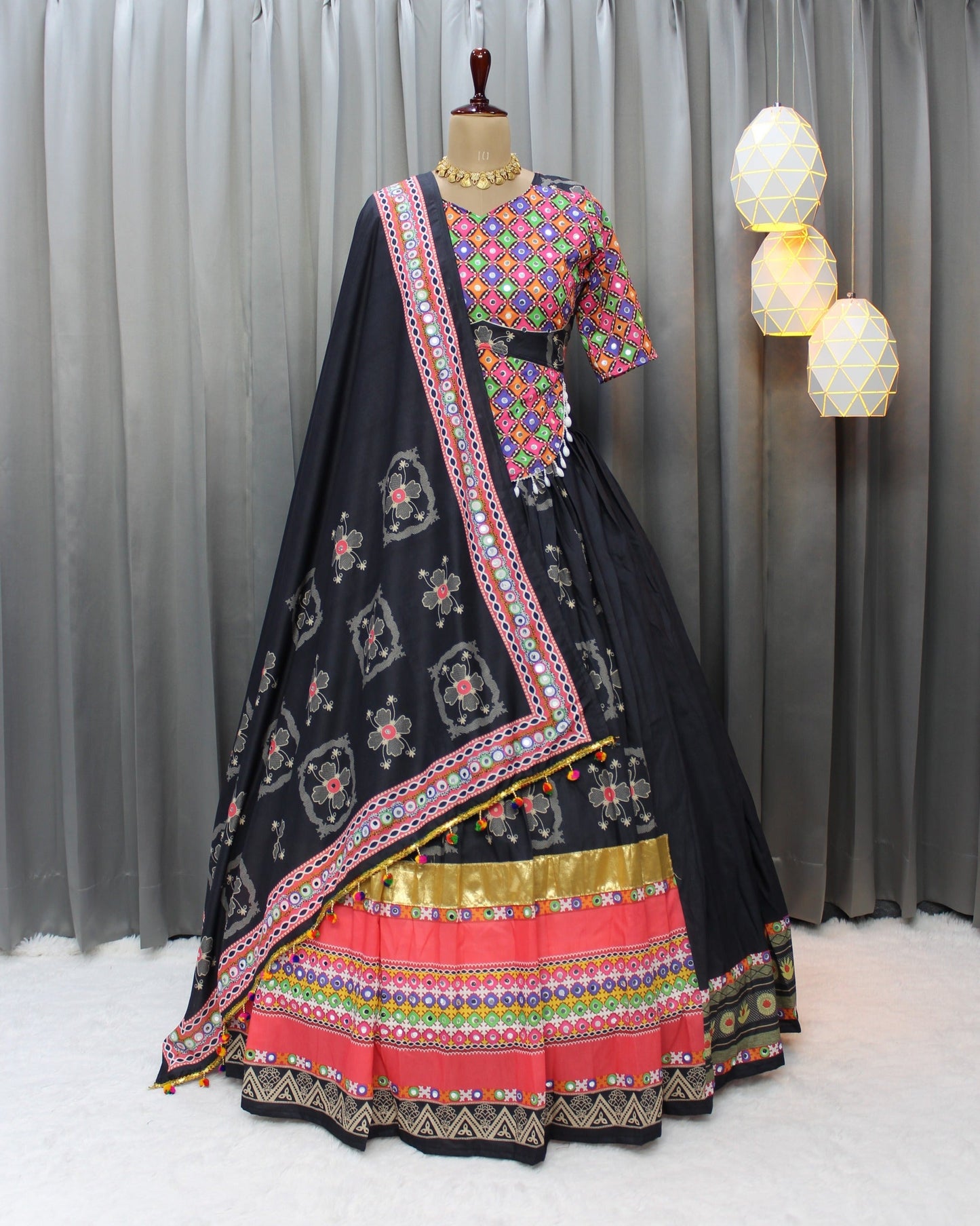 Navratri Collection: Muslin Cotton Lehenga Choli Set with Digital Print, Mirror Work & Jari Gota