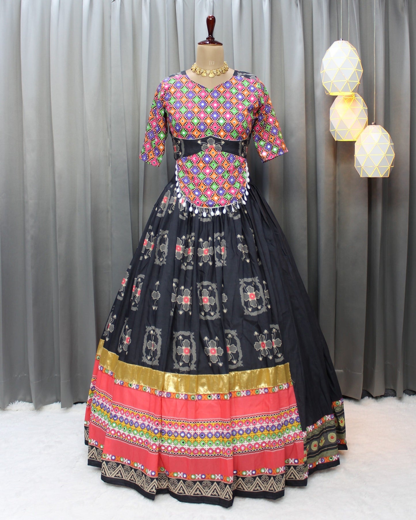 Navratri Collection: Muslin Cotton Lehenga Choli Set with Digital Print, Mirror Work & Jari Gota