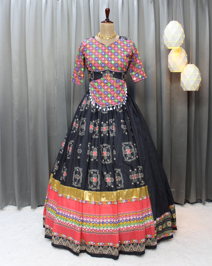 Navratri Collection: Muslin Cotton Lehenga Choli Set with Digital Print, Mirror Work & Jari Gota