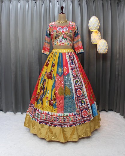 Cloths Collections - Trending Heavy Flair Lehenga Choli with Digital Print and Mirror Work