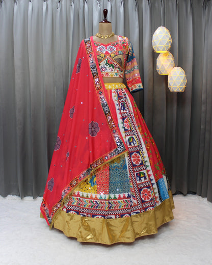 Cloths Collections - Trending Heavy Flair Lehenga Choli with Digital Print and Mirror Work