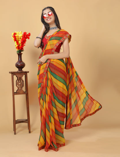 Beautiful Designed Lace Bordered Printed Georgette Saree with Muslin Blouse Piece