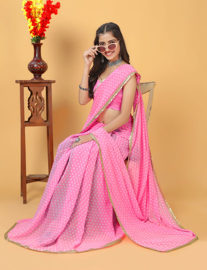 Beautiful Designed Lace Bordered Printed Georgette Saree with Muslin Blouse Piece