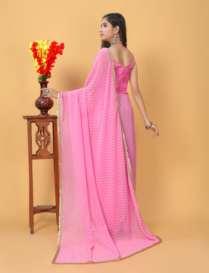 Beautiful Designed Lace Bordered Printed Georgette Saree with Muslin Blouse Piece