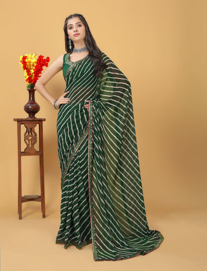 Beautiful Designed Lace Bordered Printed Georgette Saree with Muslin Blouse Piece