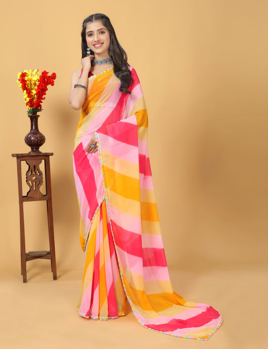 Beautiful Designed Lace Bordered Printed Georgette Saree with Muslin Blouse Piece