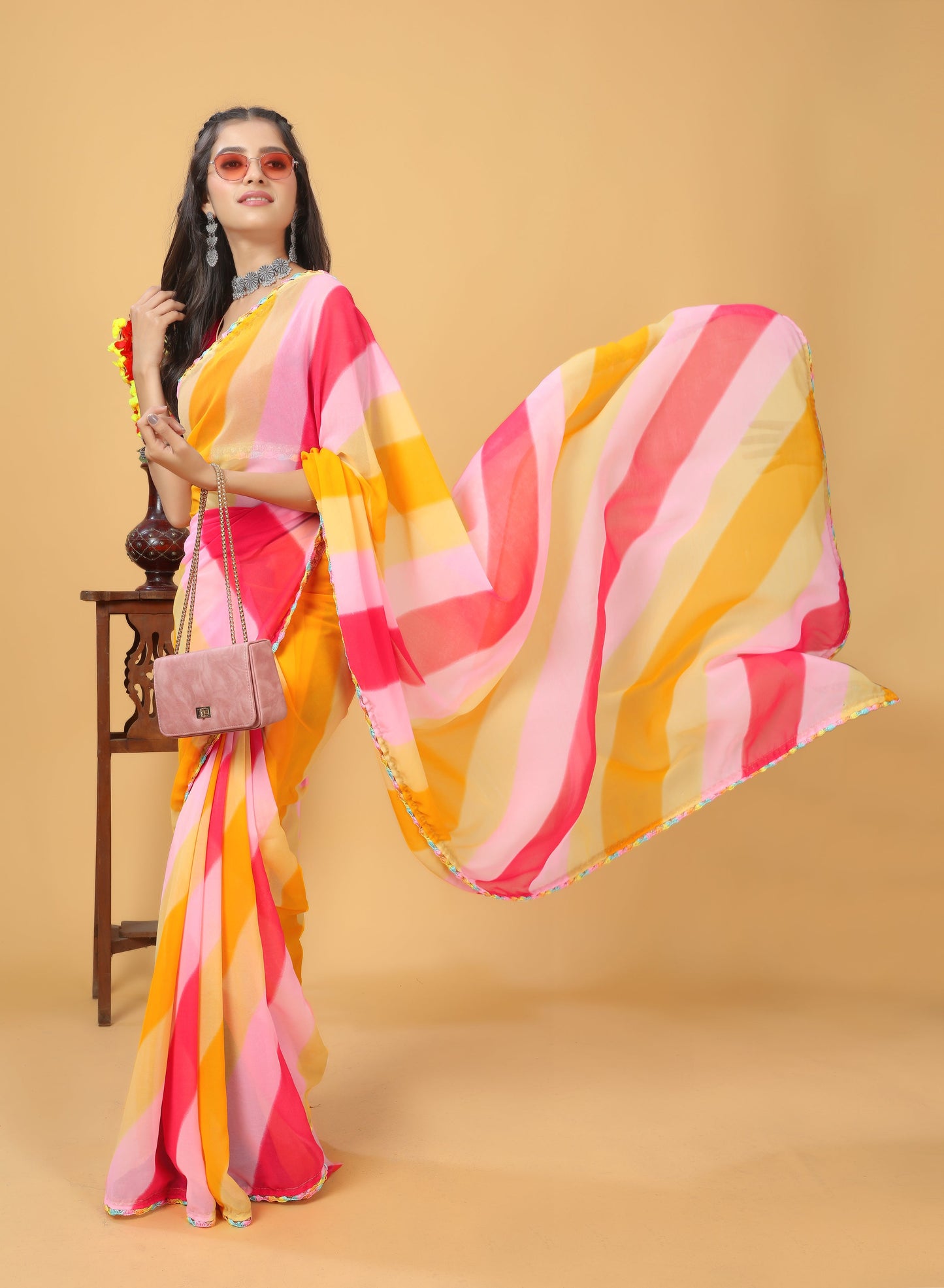 Beautiful Designed Lace Bordered Printed Georgette Saree with Muslin Blouse Piece