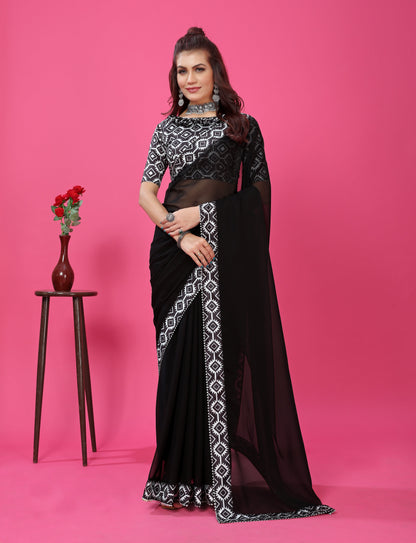 Modern Stylish Digital Printed Lace Border Saree with Printed Blouse piece