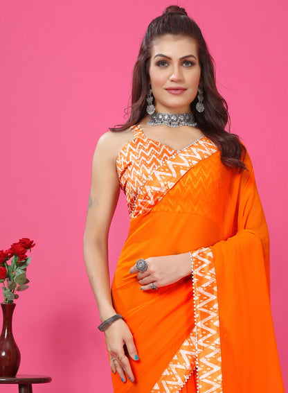 Modern Stylish Digital Printed Lace Border Saree with Printed Blouse piece