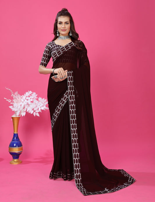 Modern Stylish Digital Printed Lace Border Saree with Printed Blouse piece