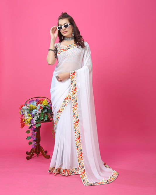 Modern Stylish Digital Printed Lace Border Saree with Printed Blouse piece