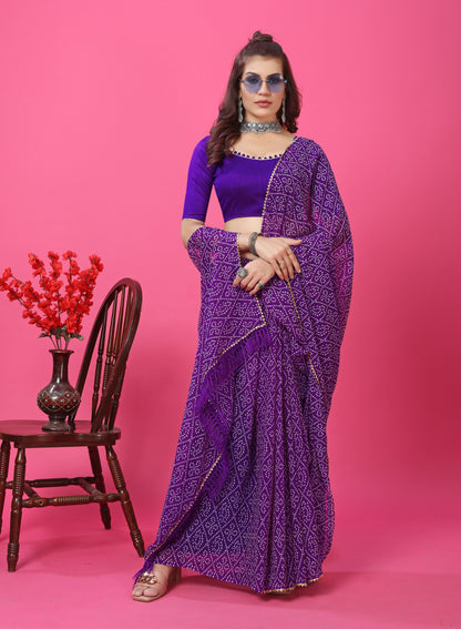 Bandhani Patterned Digital Printed Georgette Saree with Muslin Blouse Piece