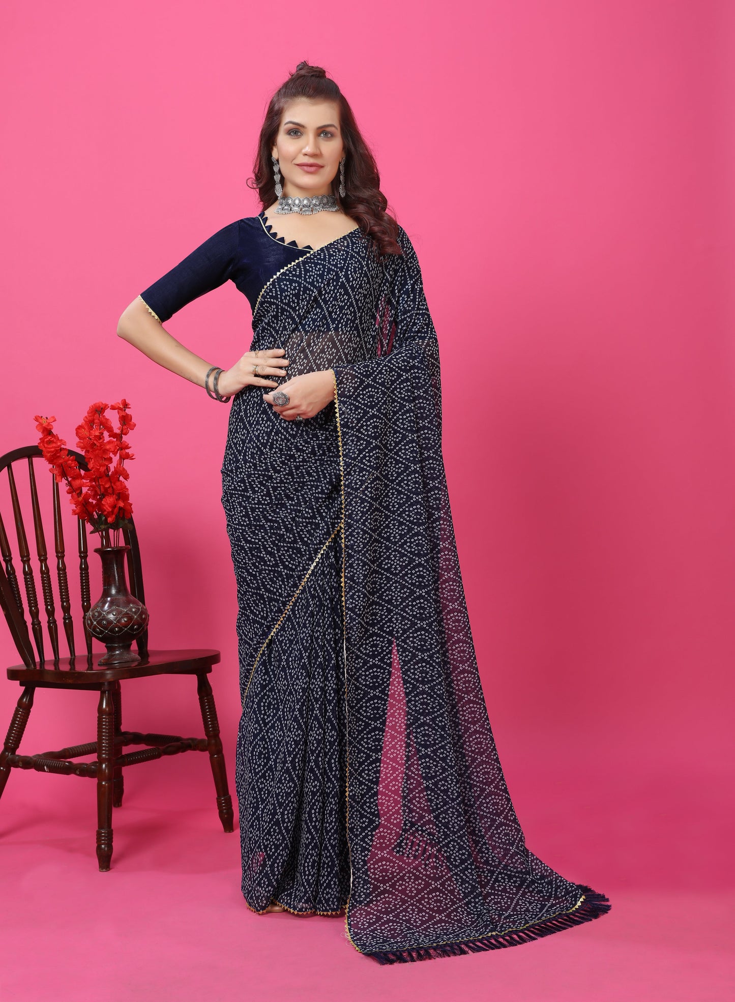 Bandhani Patterned Digital Printed Georgette Saree with Muslin Blouse Piece