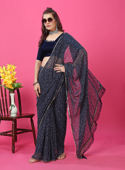 Bandhani Patterned Digital Printed Georgette Saree with Muslin Blouse Piece