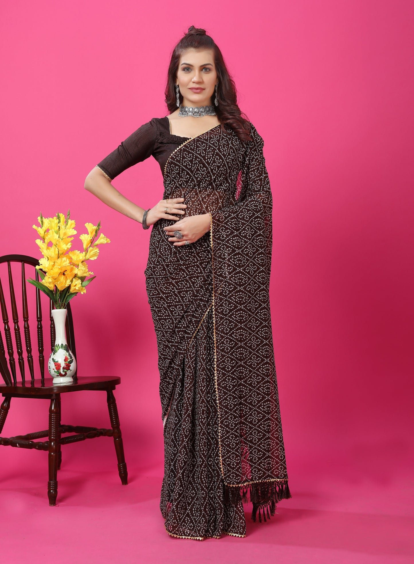 Bandhani Patterned Digital Printed Georgette Saree with Muslin Blouse Piece