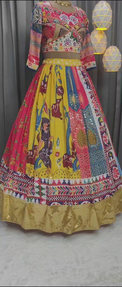 Cloths Collections - Trending Heavy Flair Lehenga Choli with Digital Print and Mirror Work